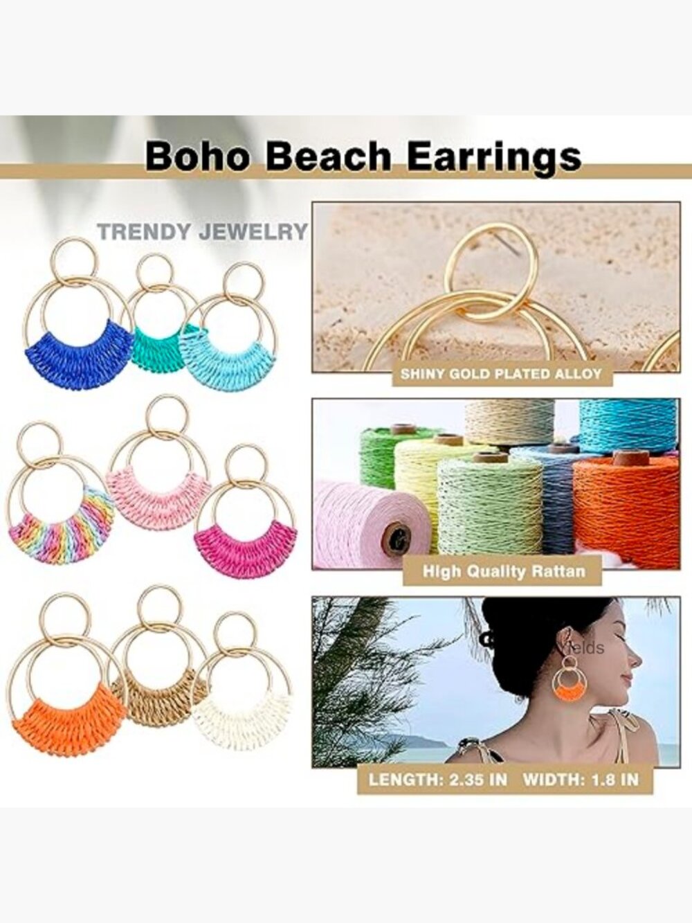 Handmade Raffia Hoop Drop Dangle Earrings Boho Summer Beach Jewelry Women - Picture 6 of 7